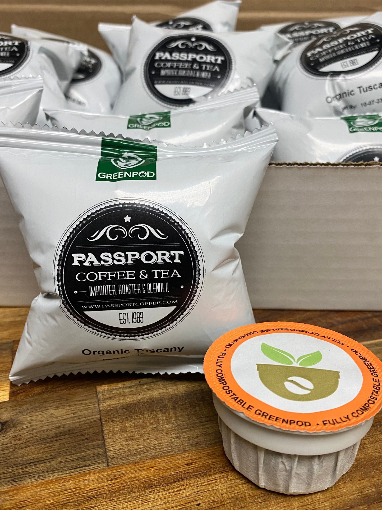 Passport Coffee Pods, K-cup compatible, eco-friendly, compostable packaging, sustainable coffee.