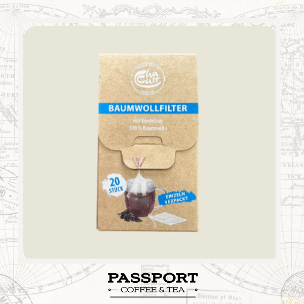 A pack of Cha Cha° tea paper filters in its original kraft paper packaging, displayed on a light beige background with a faint vintage map pattern. The brand 'Passport Coffee & Tea' is visible at the bottom of the image.