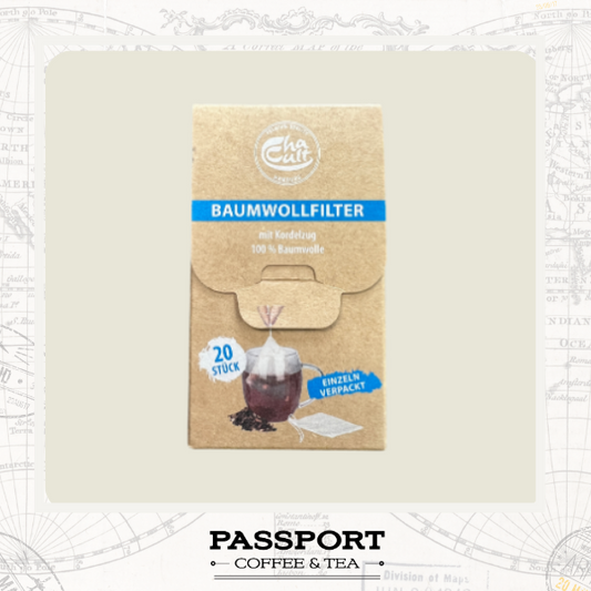 A pack of Cha Cha° tea paper filters in its original kraft paper packaging, displayed on a light beige background with a faint vintage map pattern. The brand 'Passport Coffee & Tea' is visible at the bottom of the image.