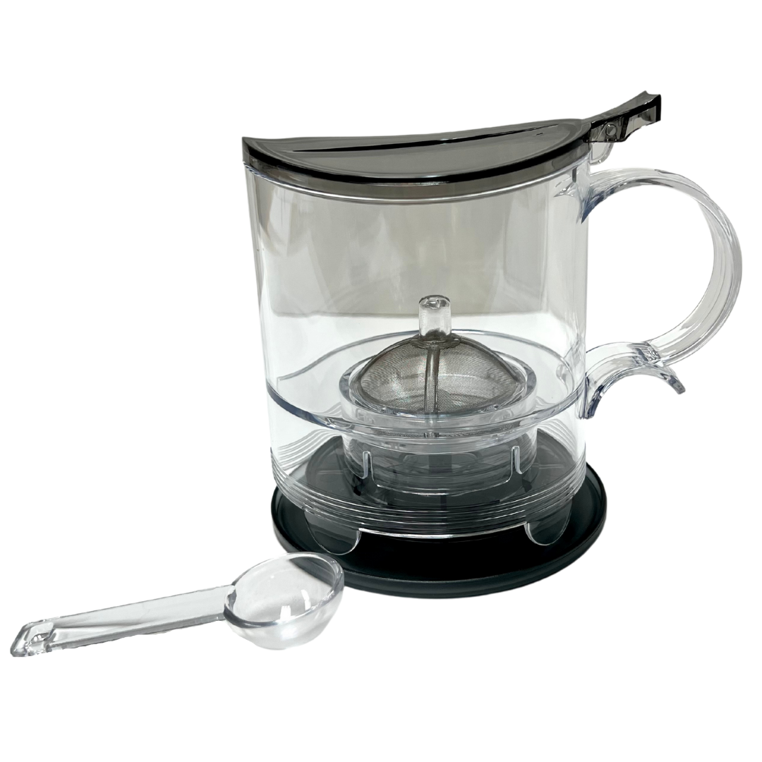 Tea Brewer 16 oz with coaster and scoop, BPA-free, dishwasher safe, for home or office use.